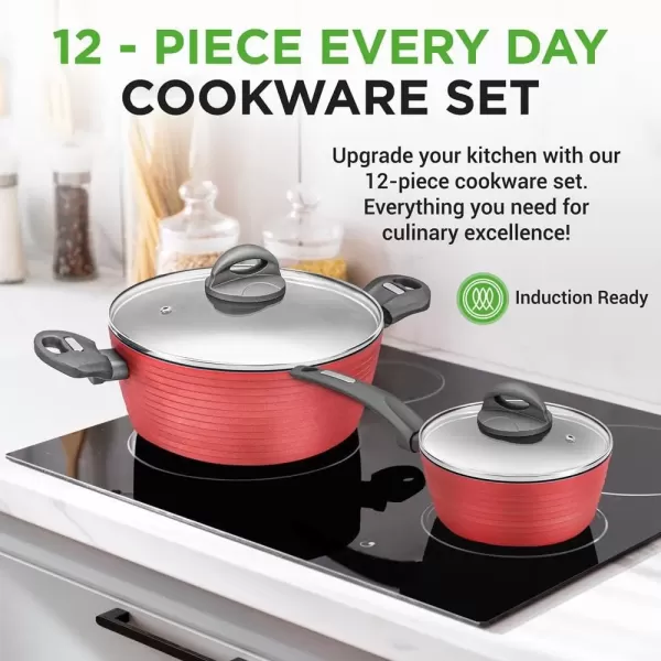 imageNutriChef 12Piece Stainless Steel Kitchenware  Pots ampamp Pans Set Clad Kitchen Cookware w Silicone Grip Handles Fry Pan Interior Coated w Prestige Ceramic NonStick Coating Stylish Kitchen CookwareRed