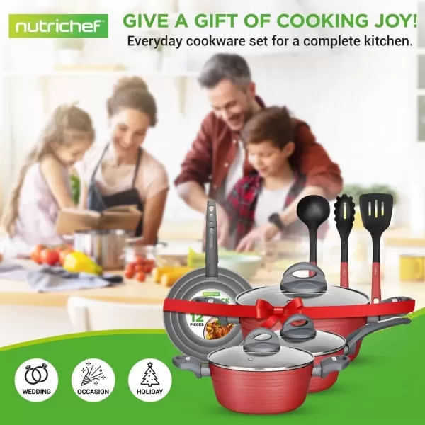 imageNutriChef 12Piece Stainless Steel Kitchenware  Pots ampamp Pans Set Clad Kitchen Cookware w Silicone Grip Handles Fry Pan Interior Coated w Prestige Ceramic NonStick Coating Stylish Kitchen CookwareRed