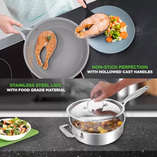 imageNutriChef 12Piece Stainless Steel Kitchenware  Pots ampamp Pans Set Clad Kitchen Cookware w Silicone Grip Handles Fry Pan Interior Coated w Prestige Ceramic NonStick Coating Stylish Kitchen CookwareSilver