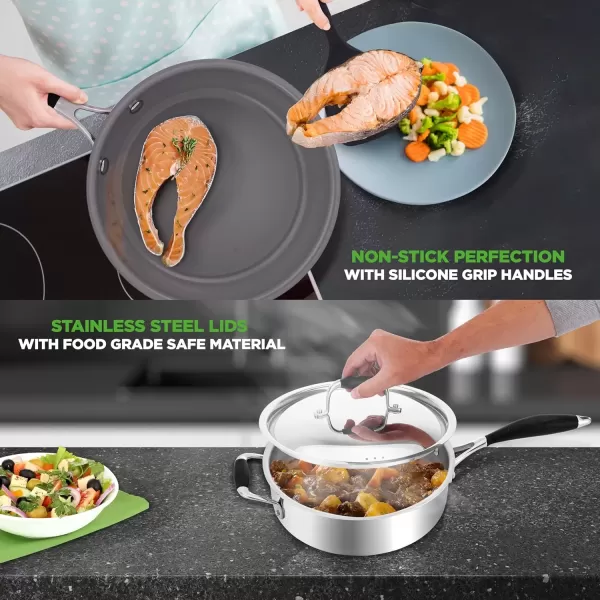 imageNutriChef 12Piece Stainless Steel Kitchenware  Pots ampamp Pans Set Clad Kitchen Cookware w Silicone Grip Handles Fry Pan Interior Coated w Prestige Ceramic NonStick Coating Stylish Kitchen CookwareStainless Steel