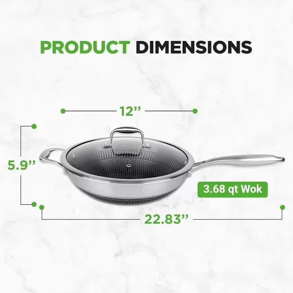 imageNutriChef 12quot Stainless Steel Frying Pan  Triply Kitchenware Stir Fry Pan Kitchen Cookware wDAKIN Etching NonStick Coating Scratchresistant Raisedup Honeycomb Fire Textured Pattern NC3PL1236 Quarts