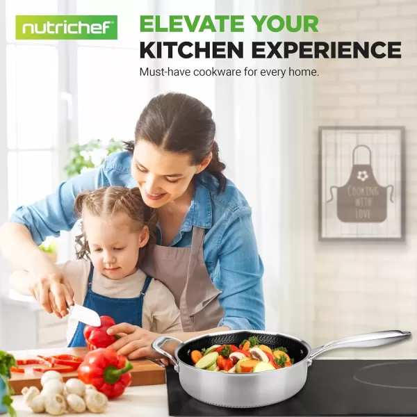 imageNutriChef 12quot Stainless Steel Frying Pan  Triply Kitchenware Stir Fry Pan Kitchen Cookware wDAKIN Etching NonStick Coating Scratchresistant Raisedup Honeycomb Fire Textured Pattern NC3PL1234 Quarts