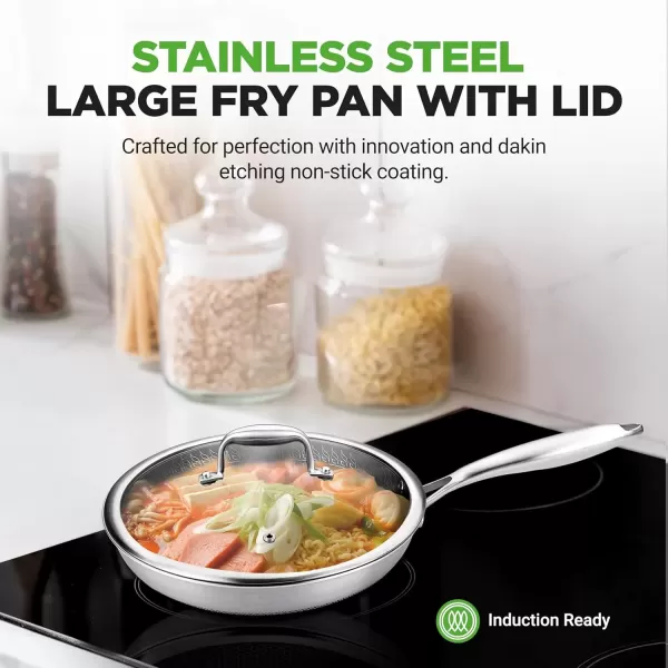 imageNutriChef 12quot Stainless Steel Frying Pan  Triply Kitchenware Stir Fry Pan Kitchen Cookware wDAKIN Etching NonStick Coating Scratchresistant Raisedup Honeycomb Fire Textured Pattern NC3PL1212 Frying Pan