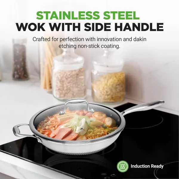 imageNutriChef 12quot Stainless Steel Frying Pan  Triply Kitchenware Stir Fry Pan Kitchen Cookware wDAKIN Etching NonStick Coating Scratchresistant Raisedup Honeycomb Fire Textured Pattern NC3PL1236 Quarts