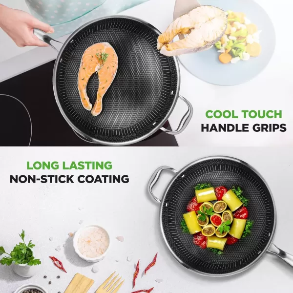 imageNutriChef 12quot Stainless Steel Frying Pan  Triply Kitchenware Stir Fry Pan Kitchen Cookware wDAKIN Etching NonStick Coating Scratchresistant Raisedup Honeycomb Fire Textured Pattern NC3PL1236 Quarts
