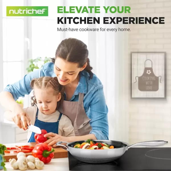 imageNutriChef 12quot Stainless Steel Frying Pan  Triply Kitchenware Stir Fry Pan Kitchen Cookware wDAKIN Etching NonStick Coating Scratchresistant Raisedup Honeycomb Fire Textured Pattern NC3PL1236 Quarts