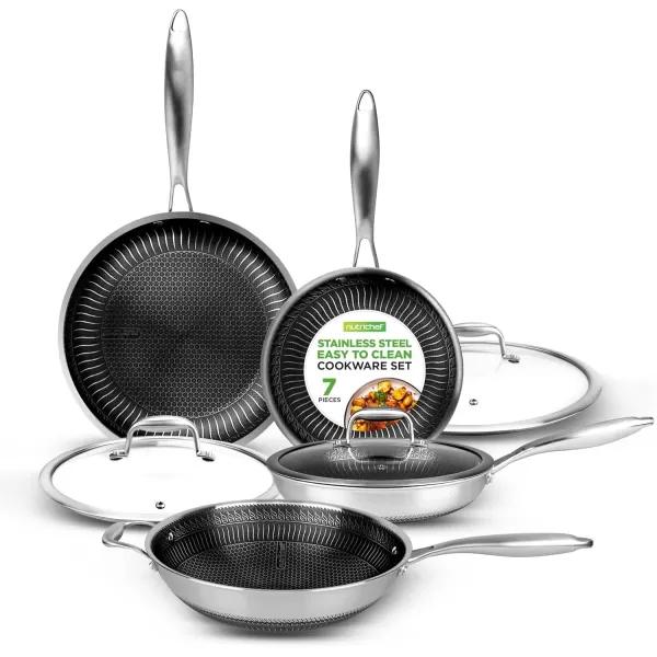 imageNutriChef 12quot Stainless Steel Frying Pan  Triply Kitchenware Stir Fry Pan Kitchen Cookware wDAKIN Etching NonStick Coating Scratchresistant Raisedup Honeycomb Fire Textured Pattern NC3PL127 Piece Cookware Set