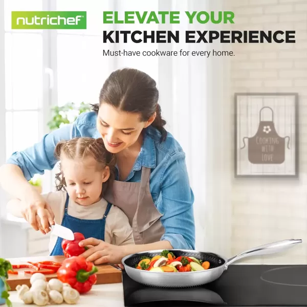 imageNutriChef 12quot Stainless Steel Frying Pan  Triply Kitchenware Stir Fry Pan Kitchen Cookware wDAKIN Etching NonStick Coating Scratchresistant Raisedup Honeycomb Fire Textured Pattern NC3PL126 Piece Frying Pan