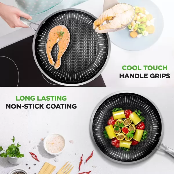 imageNutriChef 12quot Stainless Steel Frying Pan  Triply Kitchenware Stir Fry Pan Kitchen Cookware wDAKIN Etching NonStick Coating Scratchresistant Raisedup Honeycomb Fire Textured Pattern NC3PL1212 Frying Pan