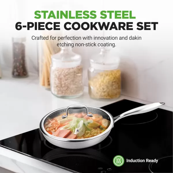 imageNutriChef 12quot Stainless Steel Frying Pan  Triply Kitchenware Stir Fry Pan Kitchen Cookware wDAKIN Etching NonStick Coating Scratchresistant Raisedup Honeycomb Fire Textured Pattern NC3PL126 Piece Frying Pan