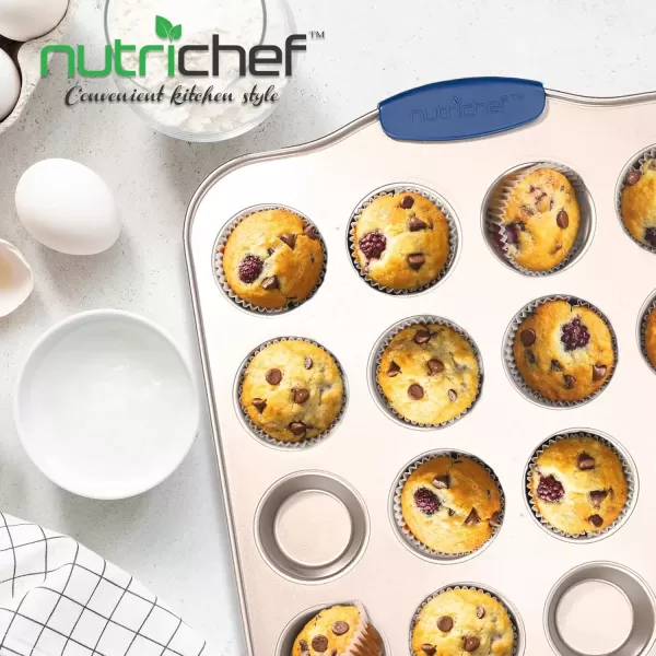 imageNutriChef 24 Cup Mini Muffin Non Stick Baking Pan Attractive Gold Carbon Steel Bake Pan with Blue Silicone Handles Commercial Grade Restaurant Quality Metal Bakeware Compatible with Model NCSBSG60