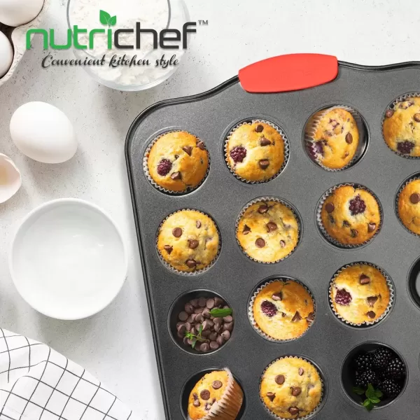 imageNutriChef 24Cup Nonstick Mini Muffin Pan  Heavy Duty Carbon Steel Bakeware Tray with Red Silicone Handles  Bake Mini Cupcakes Muffins ampamp Savory Treats  16quot x 10quot Black