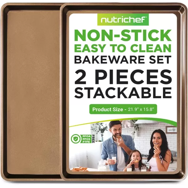 imageNutriChef 2Piece Nonstick XL Cookie Sheets for Baking  22quot x 16quot Extra Large Carbon Steel Oven Baking Trays PFOA PFOS PTFE Free  Stackable ampamp Dishwasher Safe Gold