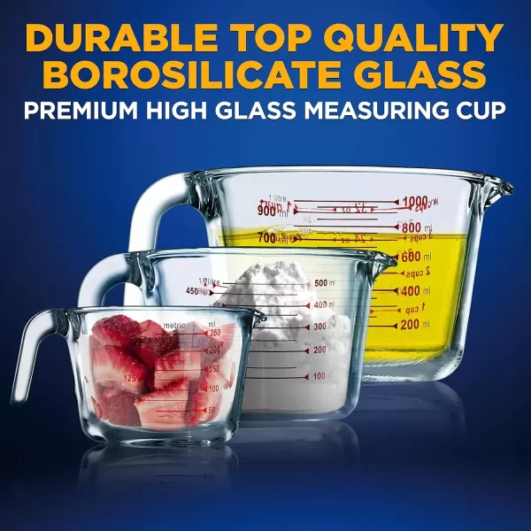 imageNutriChef 3 Pieces Measuring Cups  BPAFree Premium Heat Resistant Borosilicate Glass Measuring Cups w Handle Precise Measurement w Oz ampamp Ml Scale in 250ml 500ml ampamp 1000ml Microwave ampamp Oven Safe3 Sizes