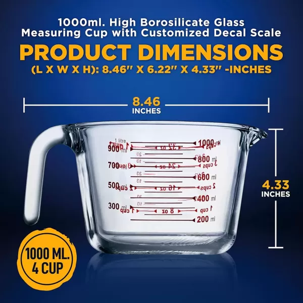 imageNutriChef 3 Pieces Measuring Cups  BPAFree Premium Heat Resistant Borosilicate Glass Measuring Cups w Handle Precise Measurement w Oz ampamp Ml Scale in 250ml 500ml ampamp 1000ml Microwave ampamp Oven Safe1000 ml