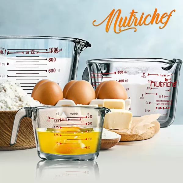 imageNutriChef 3 Pieces Measuring Cups  BPAFree Premium Heat Resistant Borosilicate Glass Measuring Cups w Handle Precise Measurement w Oz ampamp Ml Scale in 250ml 500ml ampamp 1000ml Microwave ampamp Oven Safe3 Sizes