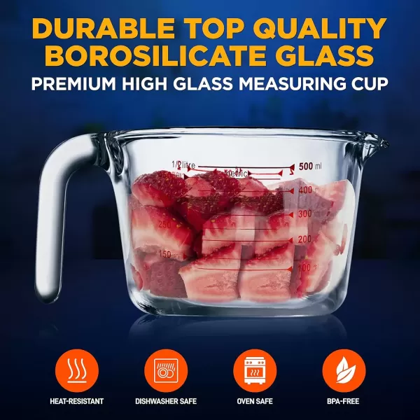 imageNutriChef 3 Pieces Measuring Cups  BPAFree Premium Heat Resistant Borosilicate Glass Measuring Cups w Handle Precise Measurement w Oz ampamp Ml Scale in 250ml 500ml ampamp 1000ml Microwave ampamp Oven Safe500 ml
