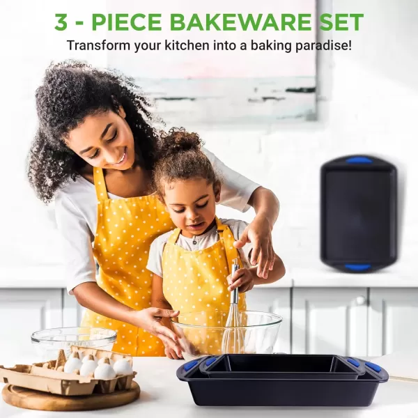 imageNutriChef 3Piece Nonstick Baking Pans Set  Premium Oven Bakeware with Silicone Handles NonStick Heavy Duty Carbon Steel  Stackable ampamp Easy to Clean Ideal for Roasting ampamp Baking  Blue NCBK3S