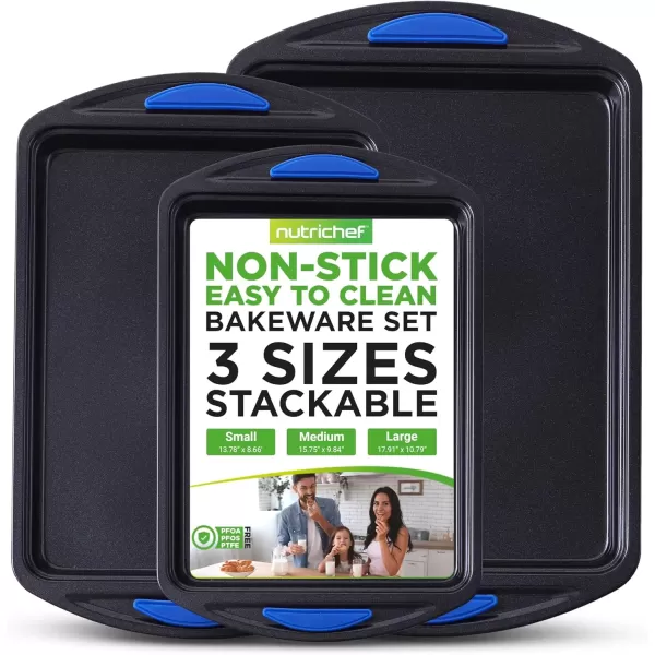 imageNutriChef 3Piece Nonstick Baking Pans Set  Premium Oven Bakeware with Silicone Handles NonStick Heavy Duty Carbon Steel  Stackable ampamp Easy to Clean Ideal for Roasting ampamp Baking  Blue NCBK3S