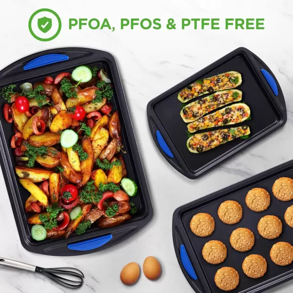 imageNutriChef 3Piece Nonstick Baking Pans Set  Premium Oven Bakeware with Silicone Handles NonStick Heavy Duty Carbon Steel  Stackable ampamp Easy to Clean Ideal for Roasting ampamp Baking  Blue NCBK3S
