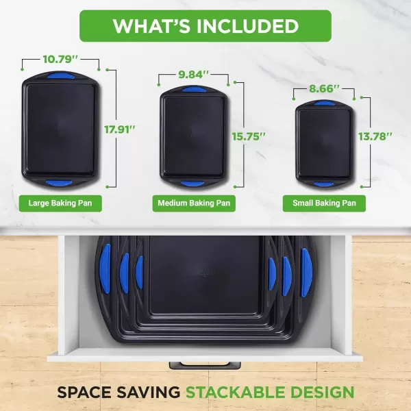 imageNutriChef 3Piece Nonstick Baking Pans Set  Premium Oven Bakeware with Silicone Handles NonStick Heavy Duty Carbon Steel  Stackable ampamp Easy to Clean Ideal for Roasting ampamp Baking  Blue NCBK3S