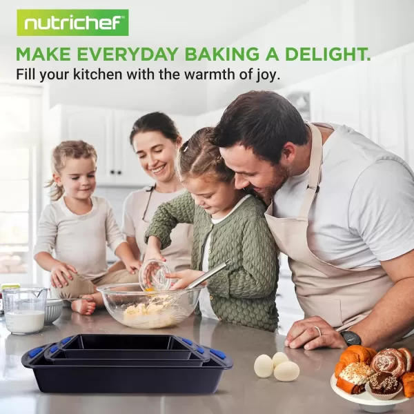 imageNutriChef 3Piece Nonstick Baking Pans Set  Premium Oven Bakeware with Silicone Handles NonStick Heavy Duty Carbon Steel  Stackable ampamp Easy to Clean Ideal for Roasting ampamp Baking  Blue NCBK3S