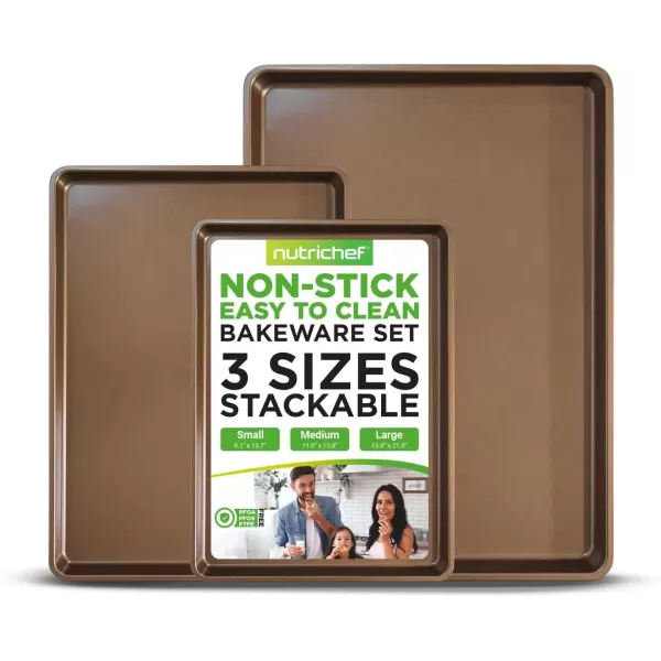 imageNutriChef 3Piece Nonstick Baking Pans Set  Thick Carbon Steel Oven Bake Trays  Includes XL Medium ampamp Small Sizes  Versatile Cookie Sheets for Baking ampamp Roasting Dishwasher Safe  Gold