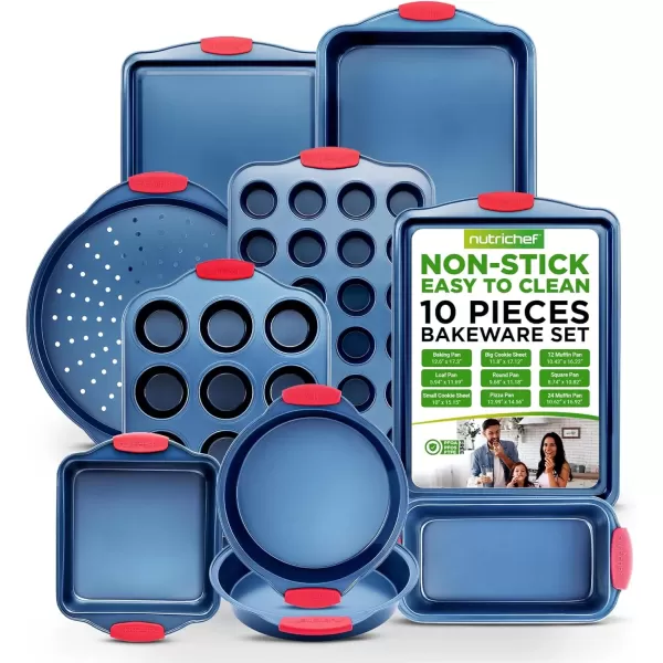 imageNutriChef 3Piece Nonstick Cookie Sheets for Baking  Premium Carbon Steel Baking Trays w NonStick Smooth Coating ampamp Silicone Handles  Large Medium ampamp Small Bakeware  Blue10Piece Set