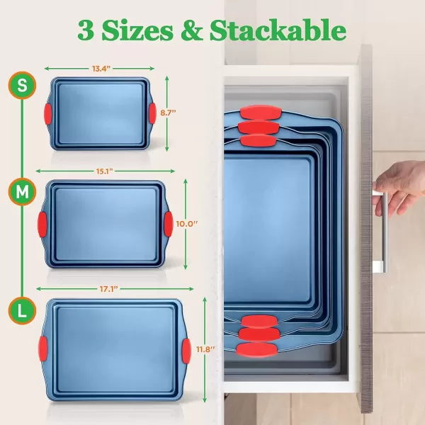 imageNutriChef 3Piece Nonstick Cookie Sheets for Baking  Premium Carbon Steel Baking Trays w NonStick Smooth Coating ampamp Silicone Handles  Large Medium ampamp Small Bakeware  Blue3Piece Set