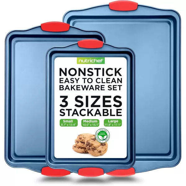 imageNutriChef 3Piece Nonstick Cookie Sheets for Baking  Premium Carbon Steel Baking Trays w NonStick Smooth Coating ampamp Silicone Handles  Large Medium ampamp Small Bakeware  Blue3Piece Set