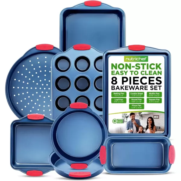 imageNutriChef 3Piece Nonstick Cookie Sheets for Baking  Premium Carbon Steel Baking Trays w NonStick Smooth Coating ampamp Silicone Handles  Large Medium ampamp Small Bakeware  Blue8Piece Set