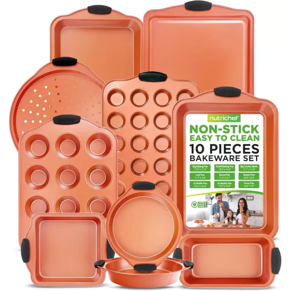 imageNutriChef 5Piece Bakeware Set  Premium NonStick Stackable Kitchen Baking Pans with Silicone Handles  Includes 3 Cookie Sheets Baking Pan ampamp Lid  Perfect for Cakes Cookies ampamp Brownies10Piece Set