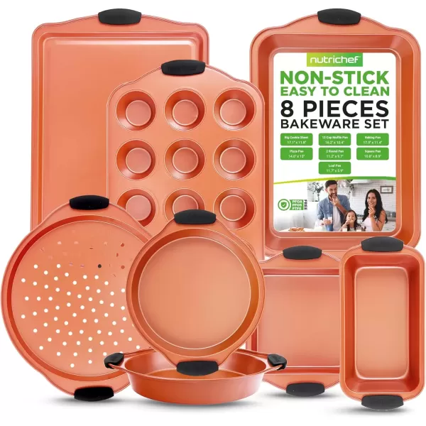 imageNutriChef 5Piece Bakeware Set  Premium NonStick Stackable Kitchen Baking Pans with Silicone Handles  Includes 3 Cookie Sheets Baking Pan ampamp Lid  Perfect for Cakes Cookies ampamp Brownies8Piece Set