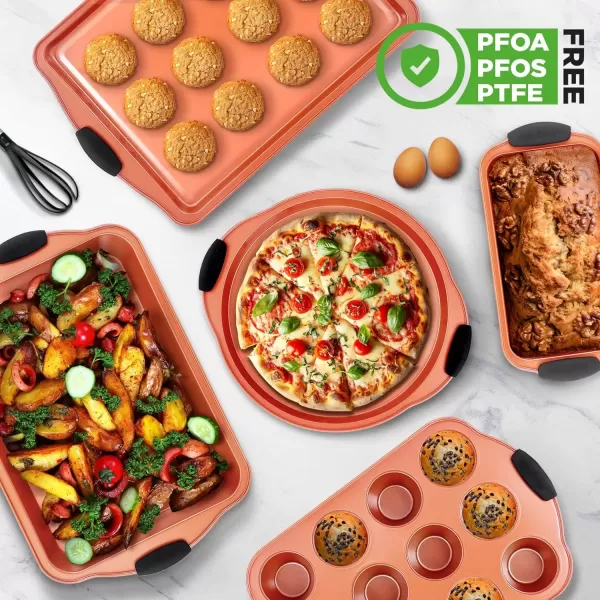 imageNutriChef 5Piece Bakeware Set  Premium NonStick Stackable Kitchen Baking Pans with Silicone Handles  Includes 3 Cookie Sheets Baking Pan ampamp Lid  Perfect for Cakes Cookies ampamp Brownies8Piece Set