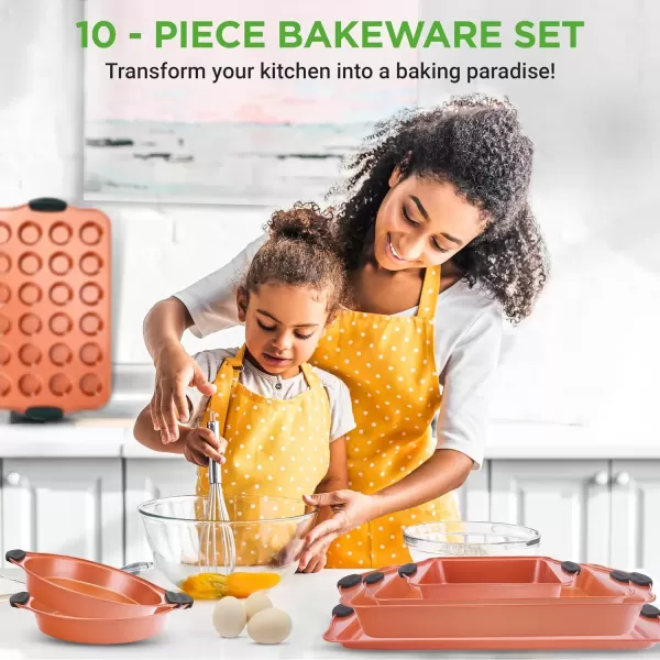 imageNutriChef 5Piece Bakeware Set  Premium NonStick Stackable Kitchen Baking Pans with Silicone Handles  Includes 3 Cookie Sheets Baking Pan ampamp Lid  Perfect for Cakes Cookies ampamp Brownies10Piece Set