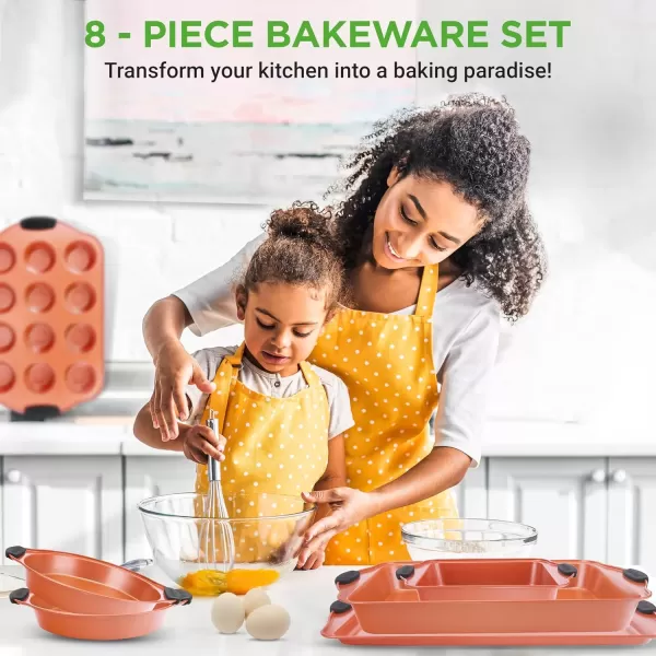 imageNutriChef 5Piece Bakeware Set  Premium NonStick Stackable Kitchen Baking Pans with Silicone Handles  Includes 3 Cookie Sheets Baking Pan ampamp Lid  Perfect for Cakes Cookies ampamp Brownies8Piece Set
