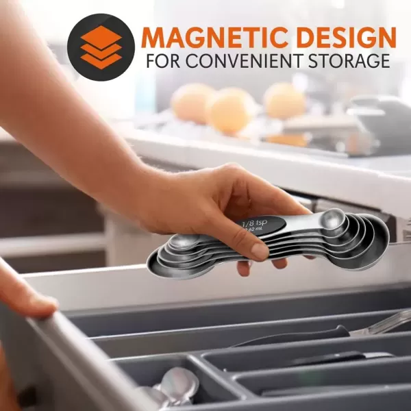 imageNutriChef 6Piece Magnetic Measuring Spoon Set  Stainless Steel Stackable Dual Sided Nesting Teaspoon to Tablespoon For Dry ampamp Liquid Ingredients Stylish Rustproof ampamp EasytoClean  Silver