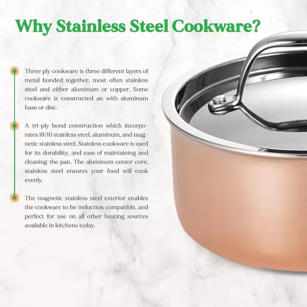 imageNutriChef 8 Pcs Stainless Steel Kitchenware Pots Set Stylish Kitchen Cookware wCast SS Handle TriPly Authentic Copper for Saucepan Casserole Frying Pan Lids NCCW8SS WHITE SILVER