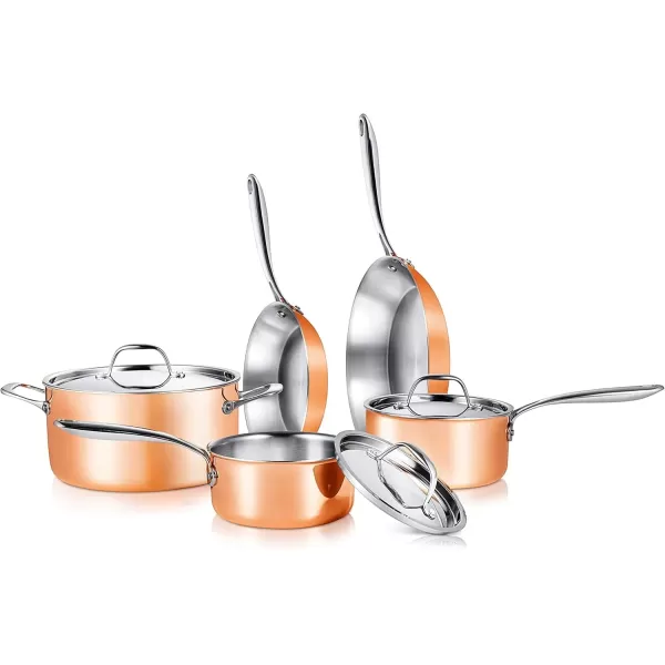 imageNutriChef 8 Pcs Stainless Steel Kitchenware Pots Set Stylish Kitchen Cookware wCast SS Handle TriPly Authentic Copper for Saucepan Casserole Frying Pan Lids NCCW8SS WHITE SILVER