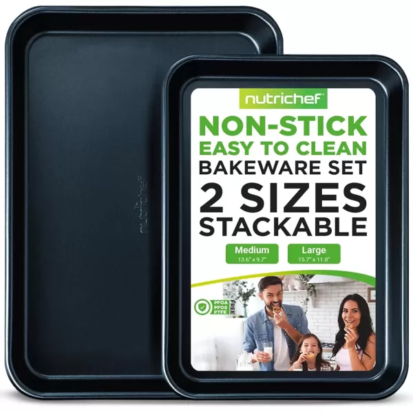 imageNutriChef Baking Sheet Pan Set NonStick Cookie Sheets for Oven 2Piece Premium Large ampamp Medium Size Baking Trays Stackable ampamp Durable Black  NC2TRBL5Blue Diamond