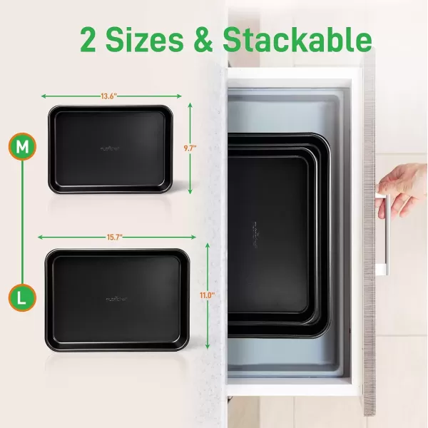 imageNutriChef Baking Sheet Pan Set NonStick Cookie Sheets for Oven 2Piece Premium Large ampamp Medium Size Baking Trays Stackable ampamp Durable Black  NC2TRBL5Black