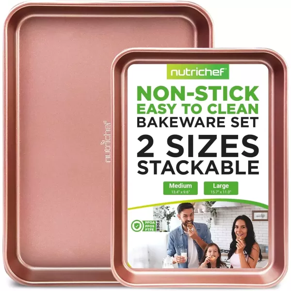 imageNutriChef Baking Sheet Pan Set NonStick Cookie Sheets for Oven 2Piece Premium Large ampamp Medium Size Baking Trays Stackable ampamp Durable Black  NC2TRBL5Rose Gold