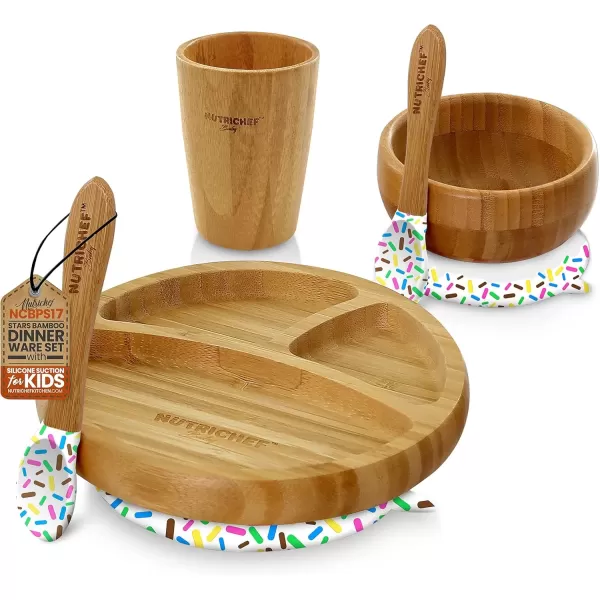 imageNutriChef Bamboo Baby Feeding Bowl  Wooden Infant Toddler Dish and Spoon Set wSilicone Suction Base for Stay Put Eating For Children Aged 472 Months SparkleSet With Cup