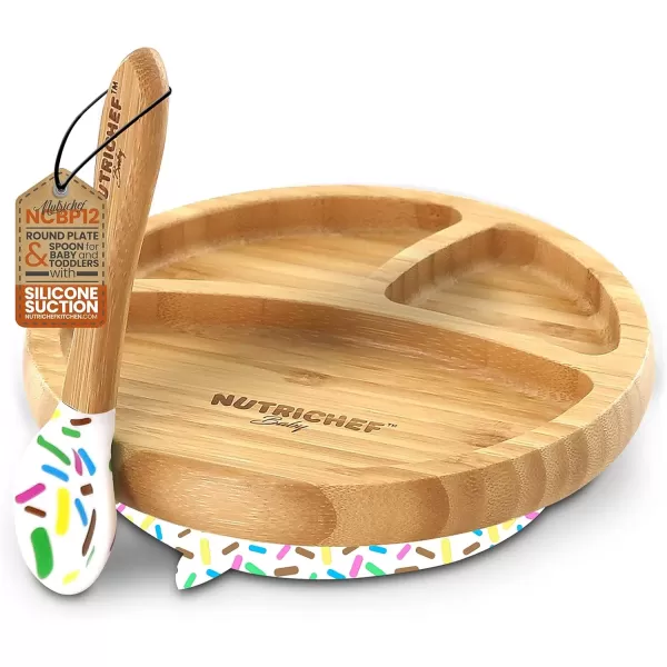 imageNutriChef Bamboo Baby Feeding Bowl  Wooden Infant Toddler Dish and Spoon Set wSilicone Suction Base for Stay Put Eating For Children Aged 472 Months SparklePlate