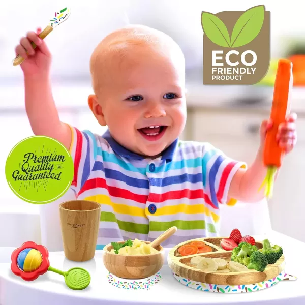 imageNutriChef Bamboo Baby Feeding Bowl  Wooden Infant Toddler Dish and Spoon Set wSilicone Suction Base for Stay Put Eating For Children Aged 472 Months SparkleSet With Cup