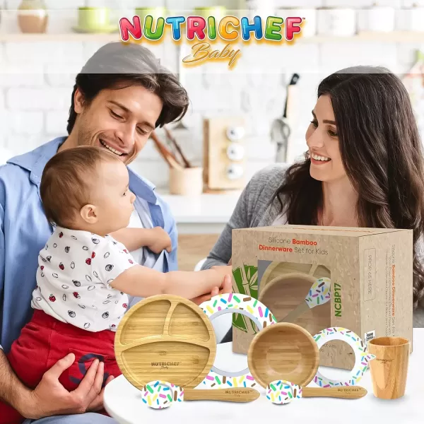 imageNutriChef Bamboo Baby Feeding Bowl  Wooden Infant Toddler Dish and Spoon Set wSilicone Suction Base for Stay Put Eating For Children Aged 472 Months SparkleSet With Cup