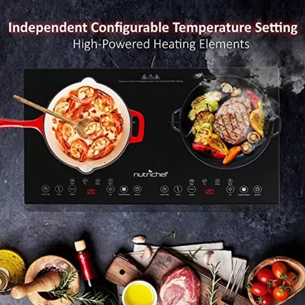 imageNutriChef Double Induction Cooktop  Portable 120V Digital Ceramic Dual Burner w Kids Safety Lock  Works with Flat Cast Iron Pan1800 WattTouch Sensor Control 12 Controls  PKSTIND48 BlackDouble