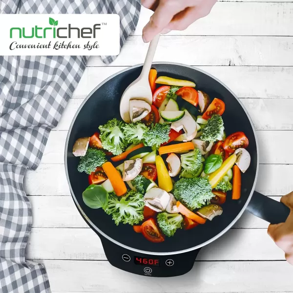 imageNutriChef Double Induction Cooktop  Portable 120V Digital Ceramic Dual Burner w Kids Safety Lock  Works with Flat Cast Iron Pan1800 WattTouch Sensor Control 12 Controls  PKSTIND48 BlackA Single