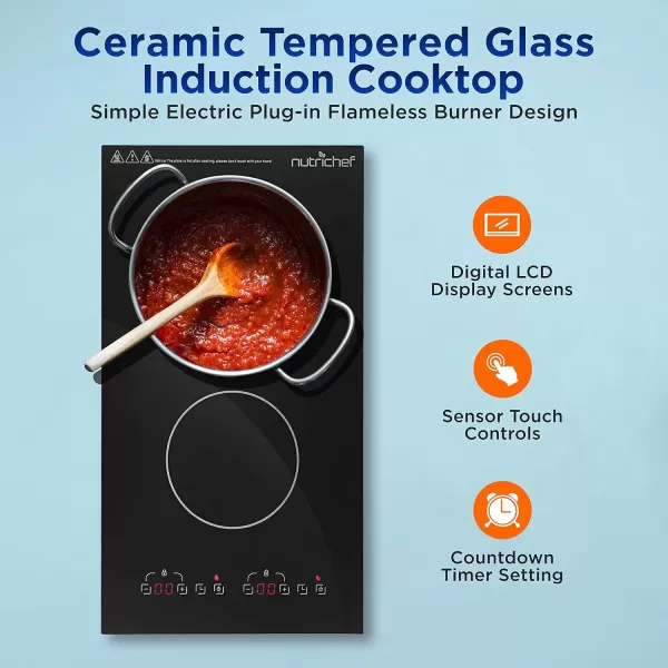 imageNutriChef Double Induction Cooktop  Portable 120V Digital Ceramic Dual Burner w Kids Safety Lock  Works with Flat Cast Iron Pan1800 WattTouch Sensor Control 12 Controls  PKSTIND48 BlackPortable