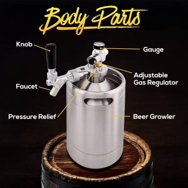 imageNutriChef Double Walled System64oz Stainless Steel Growler Tap Portable Mini Keg Dispenser Kegerator Kit w Co2 Pressure Regulator for Craft Beer DraftHomebrew PKBRTP99 64oz